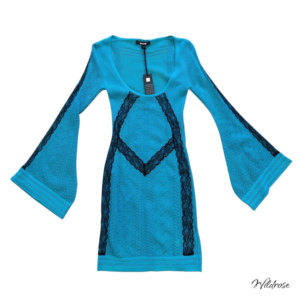 JUST CAVALLI Teal Mesh Black Lace Bell Sleeve Dress SZ S